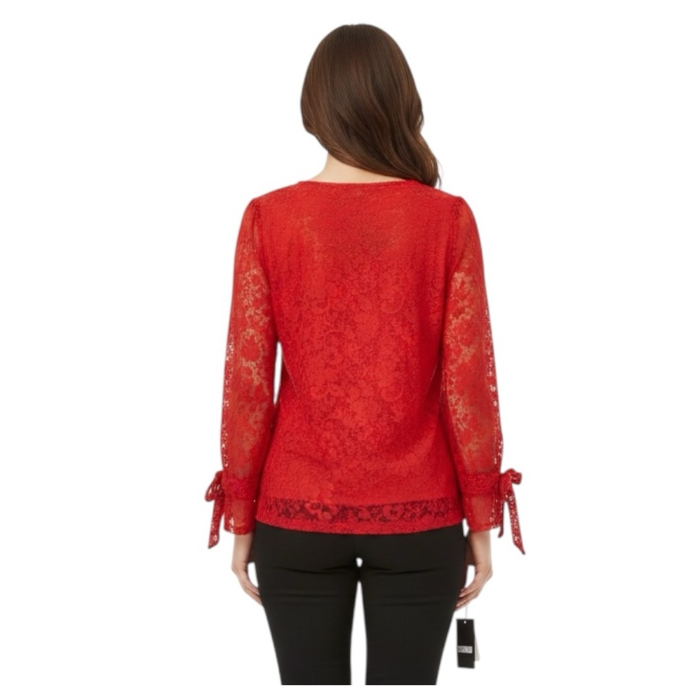 Charter Club Lace overlay blouse with 3/4 sleeves and cuff ties. Size Large - Picture 3 of 17